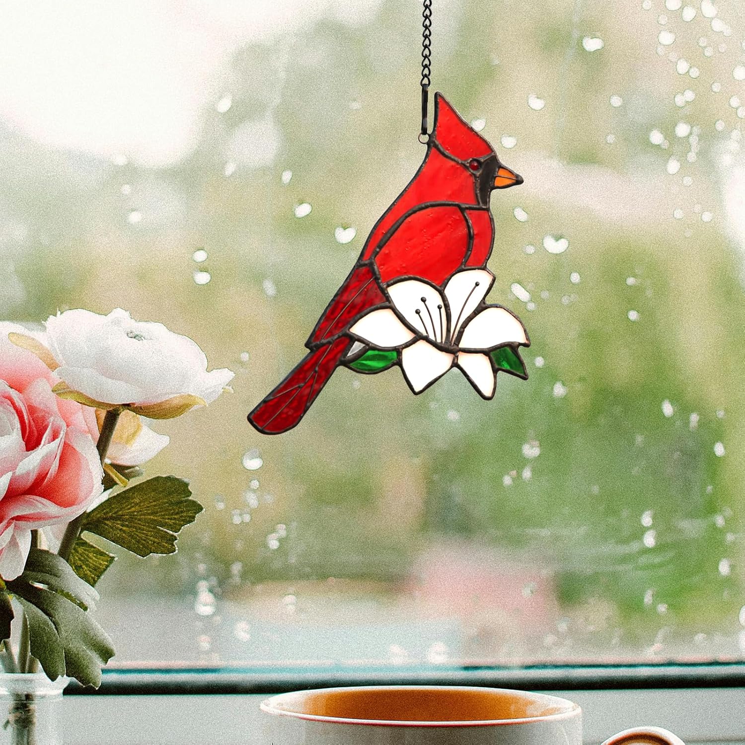 Cardinal Stained Glass Window Hanging Bird Mural Christmas Lover Gift Bird Stained Glass Light Catcher