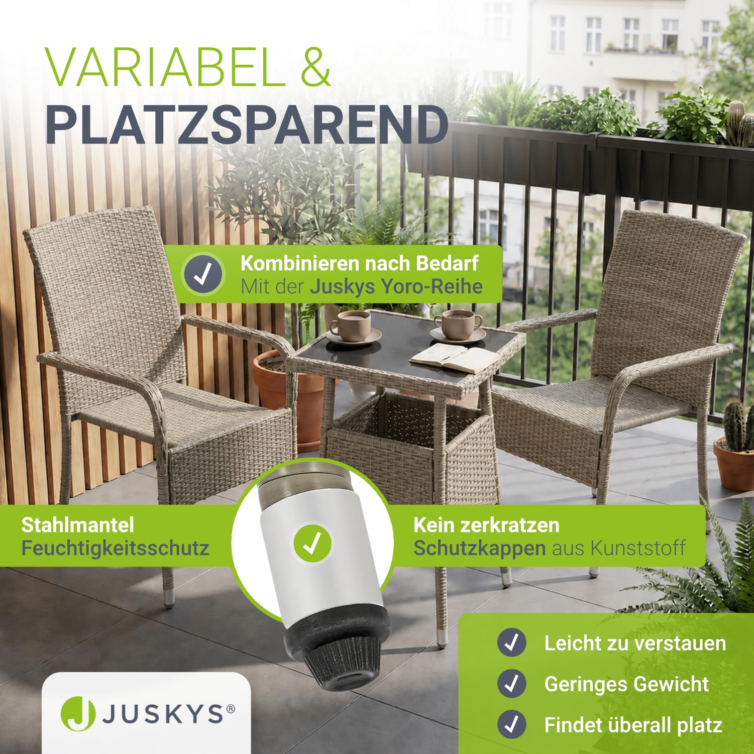 Juskys Polyrattan Gartentisch Yoro wetterfest - Balkontisch 60x60 cm eckig - Rattan Beistelltisch mit Glasplatte - Kleiner Tisch für Balkon - Grau