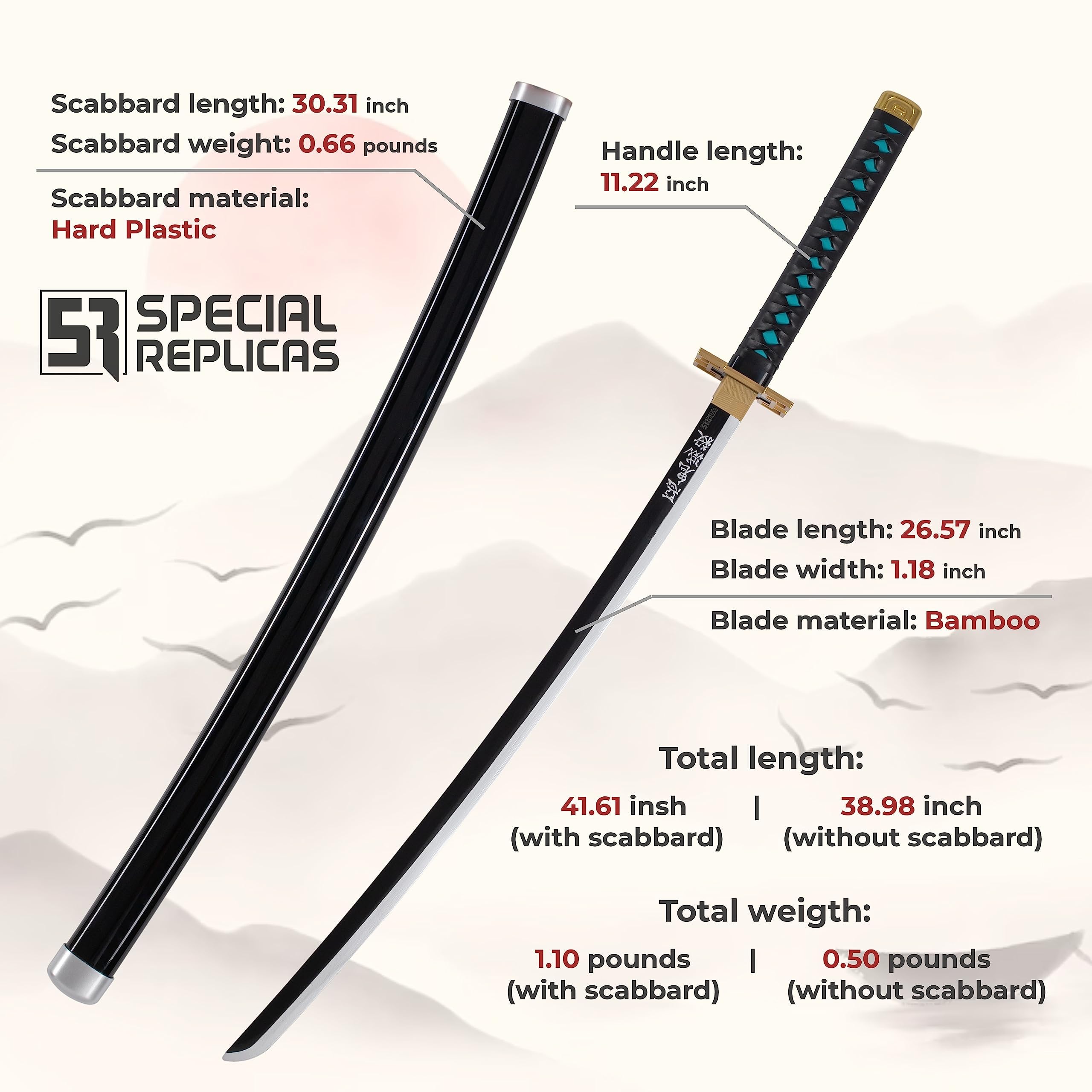 57 SPECIAL REPLICAS Daemon Slayer Katana Schwert 105 cm/41 Zoll - Samurai Schwert Holz mit Gürtel, Ständer & Scheide - Holzschwert aus Bambusholz für Anime Cosplay- Anime Schwerter (Nicht Scharf)