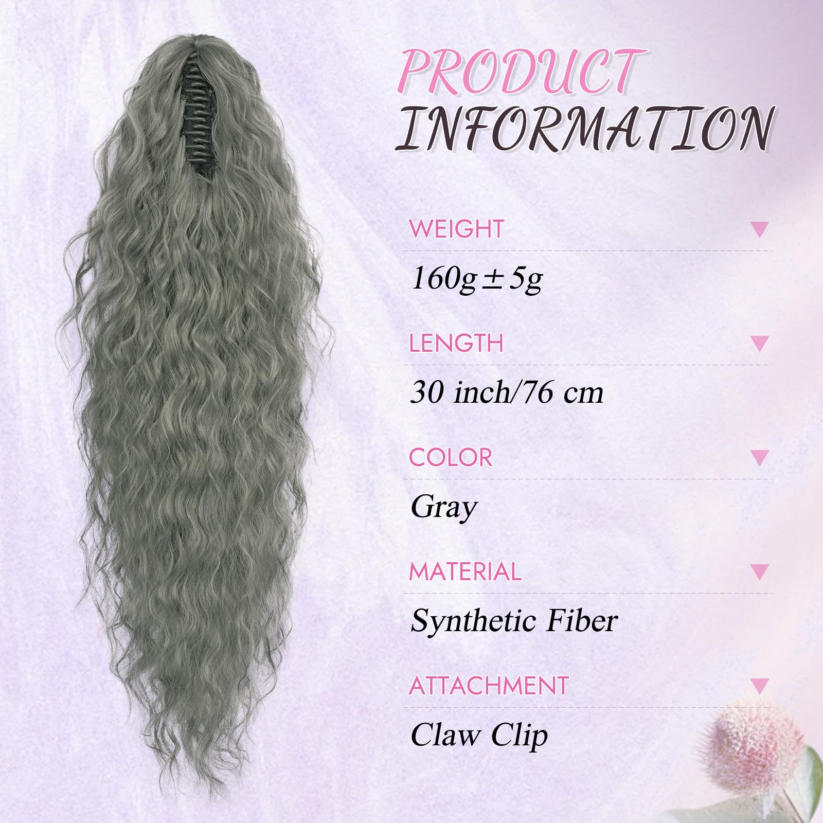 Coleta Postiza Pelo Natural 76 cm Gris con Pinza Rizada Ondulado para Mujeres