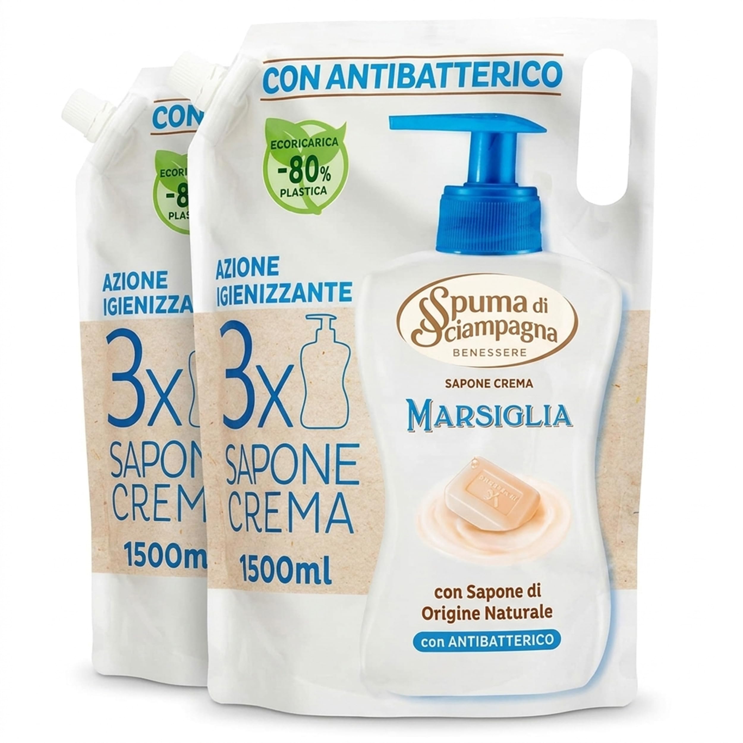 Spuma di Sciampagna Sapone Liquido Mani di Origine Naturale, Ricarica 1300ml, 2 Pezzi, Sapone di Origine Naturale, 2,6 L Totale, Formato Convenienza