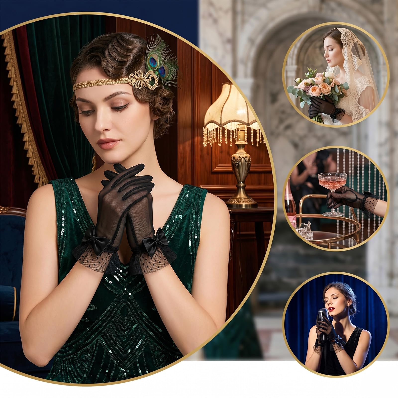 Koronkowe rękawiczki damskie, siateczkowe, damskie rękawiczki koronkowe, eleganckie rękawiczki dla panny młodej, krótkie rękawiczki koronkowe, czarne, z kokardką, tiulowe, elastyczne, na