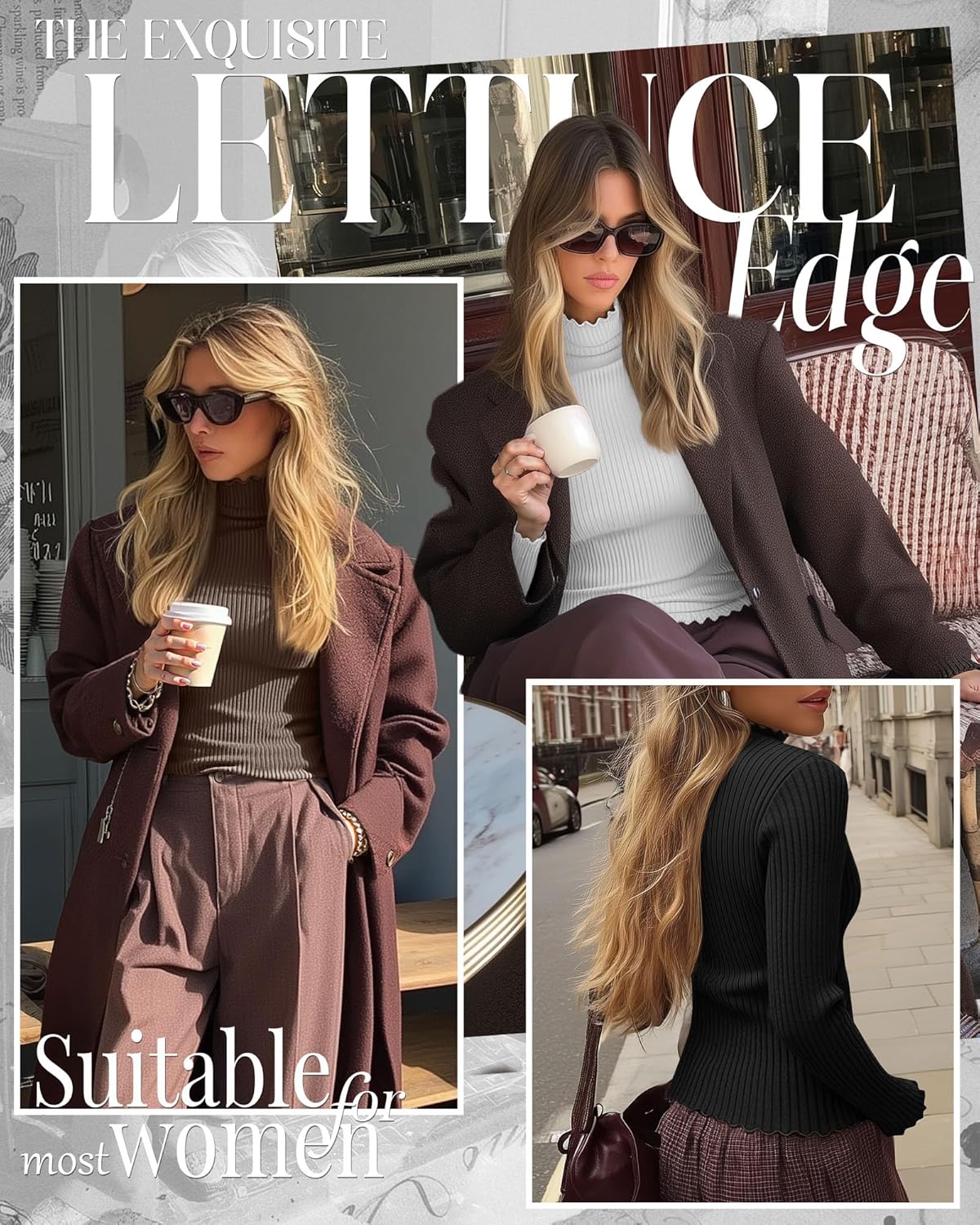 3 Pack Women's Turtleneck Cotton Shirts, Long Sleeve Ribbed Lettuce Trim Mock Neck Slim Fit Tops Soft Base Layer - Image 2