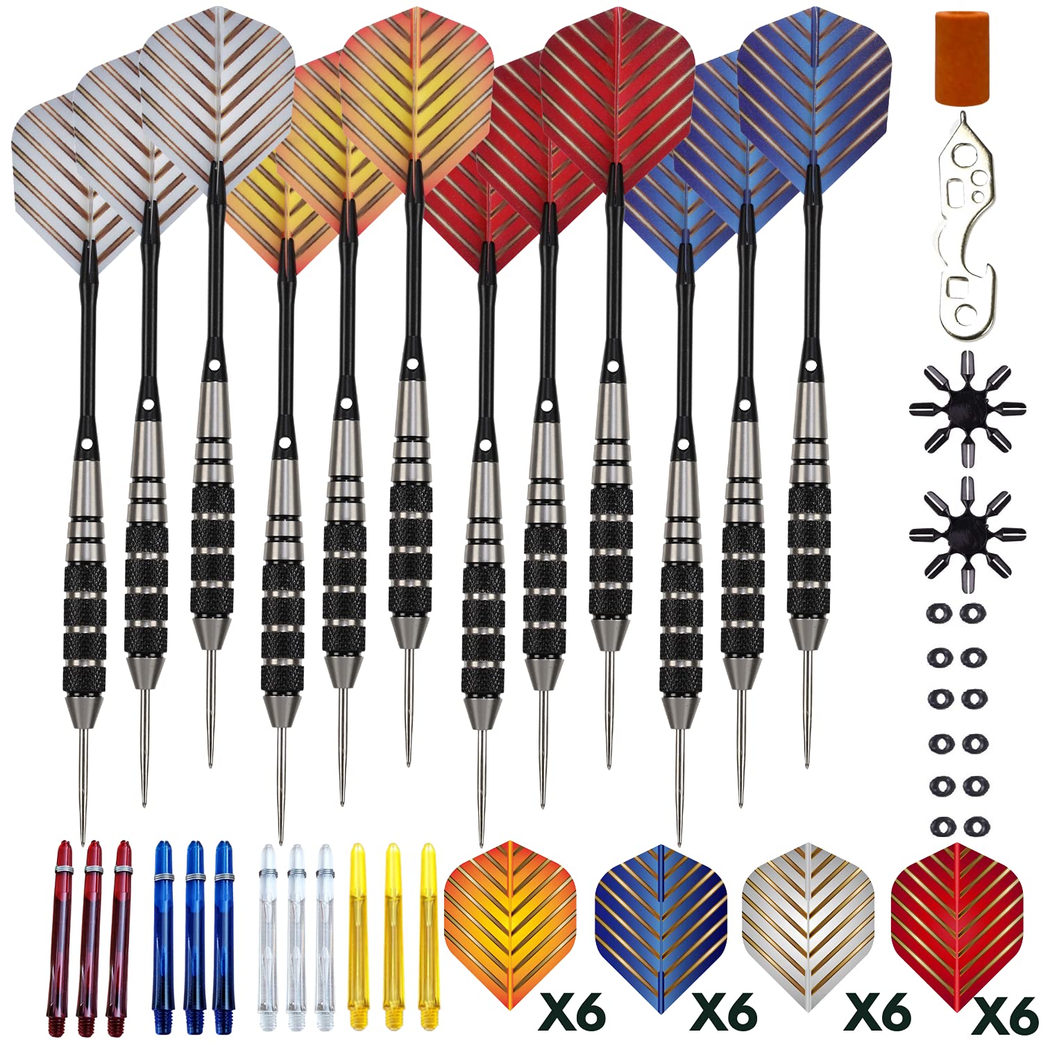 Steel Tip Darts Set - Professional 12PC Darts Steel Tip for Dartboard - Includes Steel Brass Barrels + Plastic & Aluminum Shafts + O-Ring's + Flights & Protectors + Sharpener + Wrench (22g-STC10432)