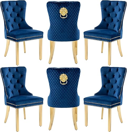Miniatura 18 de Sillas de Comedor de Terciopelo Juego de 4, Colección Nikki Sillas de Comedor con Patas de Acero Inoxidable Dorado y Anillo Tirador de Cabeza de