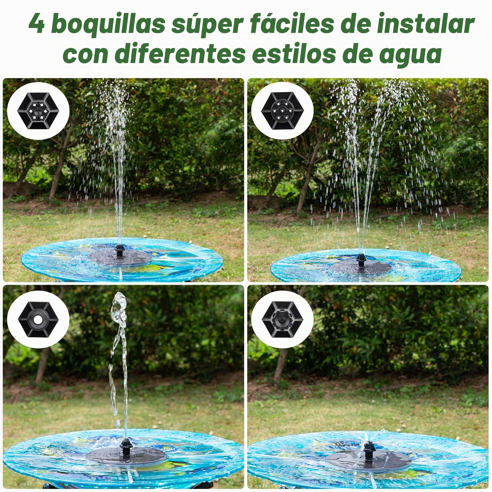 Mademax Fuente solar mejorada con 4 boquillas y fijador fáciles de instalar, bomba de fuente alimentada por energía solar para baño de pájaros, jardín, estanque, piscina, pecera, exterior