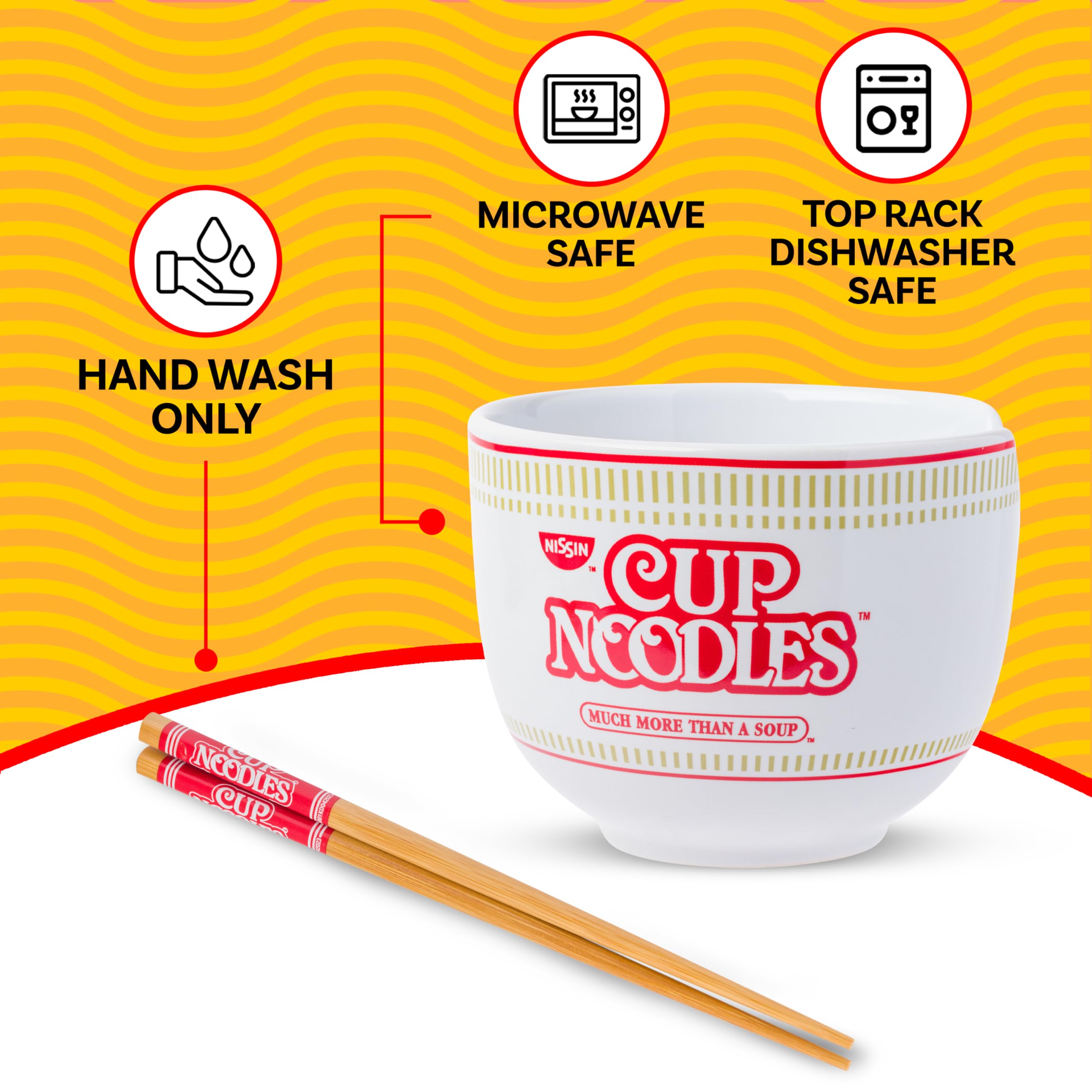 Silver Buffalo Nissin Classic Cup Noodles Logo Much More than a Soup - Cuenco de cerámica para arroz con palillos, apto para microondas, 20 onzas