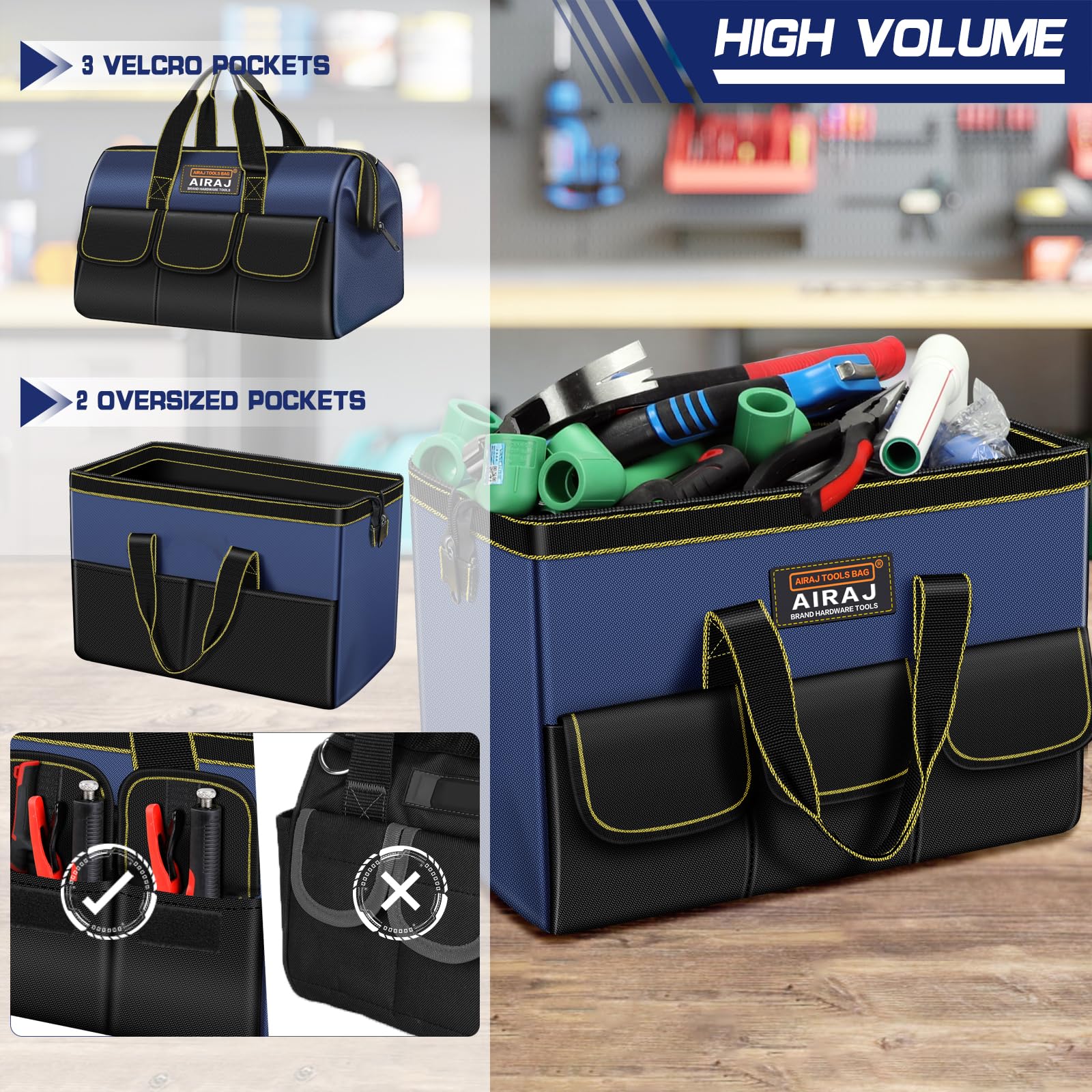AIRAJ Lot de 2 sacs à outils | Sac de rangement portable pour outils de 35,6 cm et 40,6 cm | Sacs à outils à large ouverture pour homme et femme | Petit sac à outils | Organisateur d'outils pour