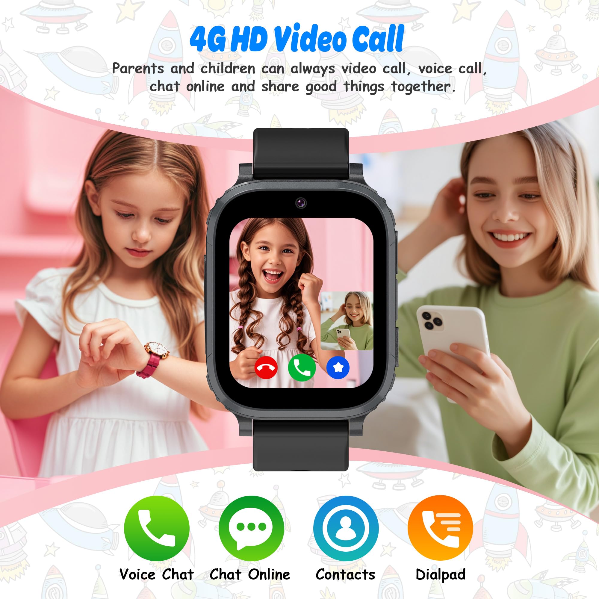 4G Reloj Inteligente Niño, Smartwatch Niños con GPS y Llamadas ,Teléfono, Videollamada, SOS, Chat de Voz, Modo Clase, Juego, IP68, Despertador, Reloj GPS Niños Regalo Cumpleaños Niño Niña Estudiante