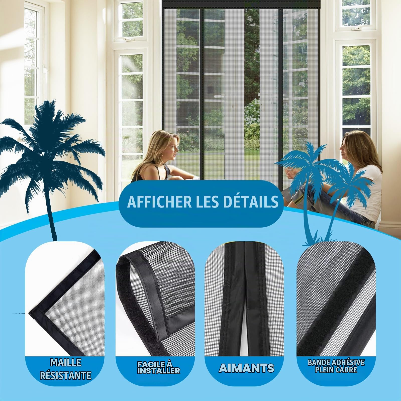 Moustiquaire Porte Fenetre Magnétique, Baie Vitrée Coulissante, Rideaux Toile Insect Ecran, Fermeture Automatique, Noir, 240x220cm