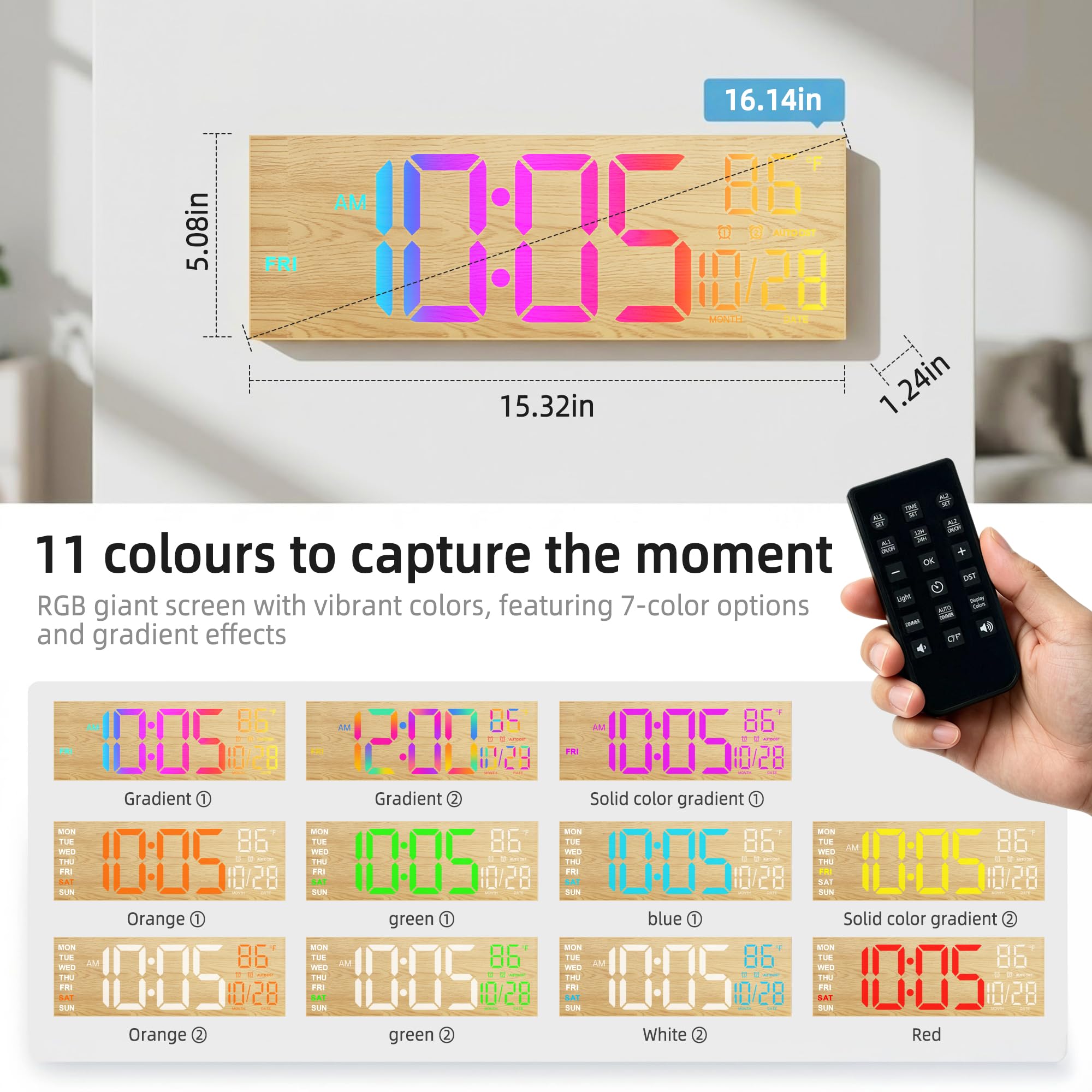 Orologio da parete digitale a LED, 42 cm, con luce notturna, funzione di regolazione automatica, 2 sveglie, 8 colori RGB, indicatore della temperatura, telecomando, orologio da parete per