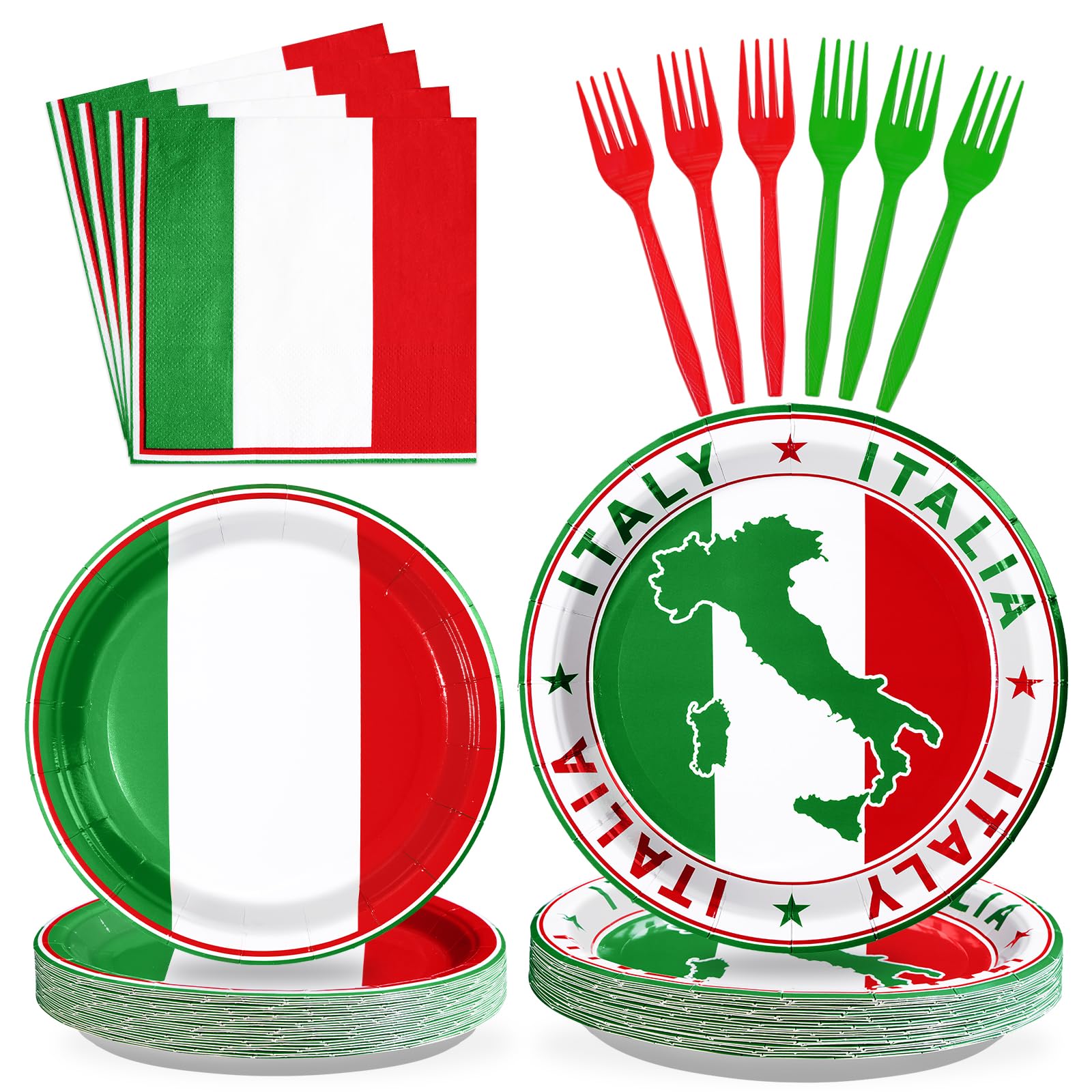 96Pcs Italian Flag Birthday Party Supplies Italy Flag Plates and Napkins Red White and Green Italian Tableware Sets for Pizza Baby Shower Picnic
