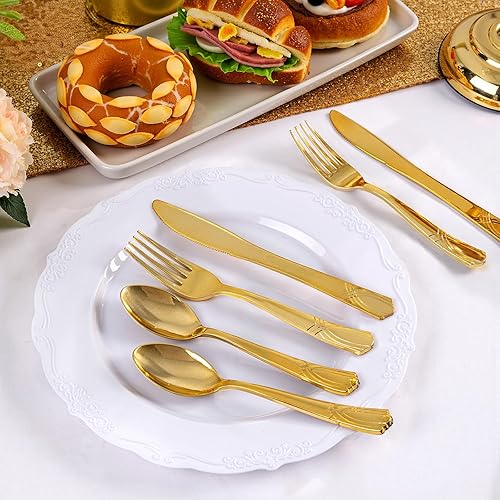 Miniatura 8 de DaYammi Juego de 150 cubiertos de plástico desechables dorados, 50 tenedores, 50 cuchillos, 50 cucharas, juego de utensilios desechables dorados de