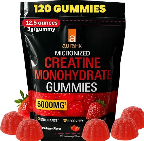Wellness - Gomitas de monohidrato de creatina, 5000 mg, sabor a fresa, 120 masticables veganos sin azúcar, suplemento de creatina para rutina diaria