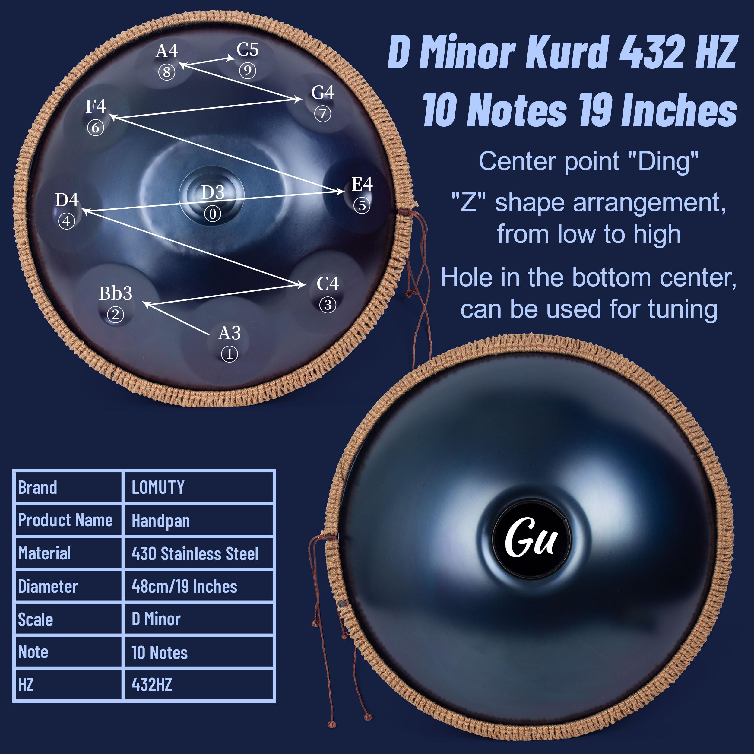 Handpan, Steel Drum, Hand Pan, Tamburo in Acciaio, Blu | 432HZ 19 Pollici 48cm 10 Note D Minore Principiante Handpan Drum per Meditazione e Yoga, Tamburo a Mano con Borsa e Supporto