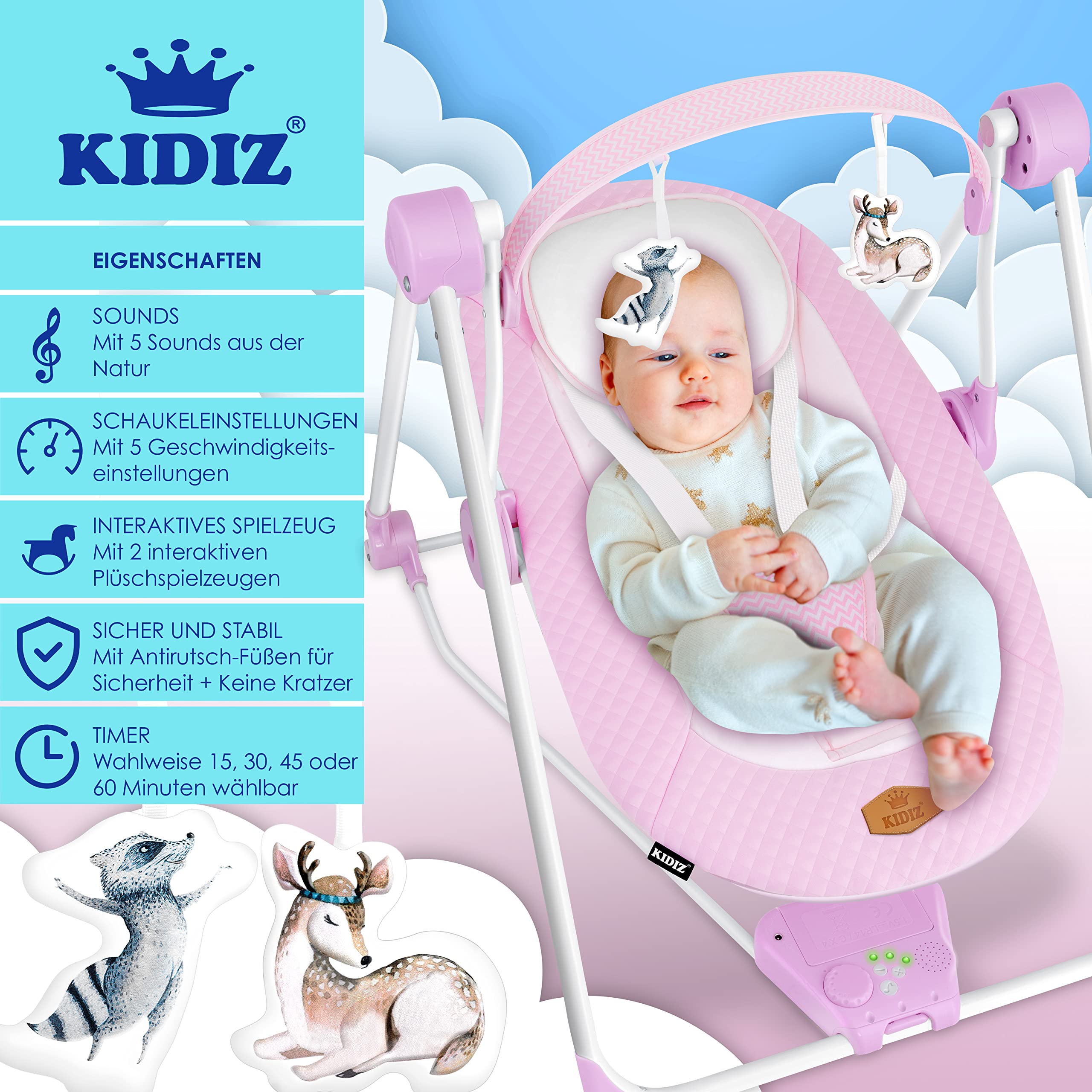 KIDIZ® Dondolo con 5 impostazioni di velocità Dondolo pieghevole Seggiolone con giochi ad arco giocattoli 5 suoni musicali per bambini da 1 mese