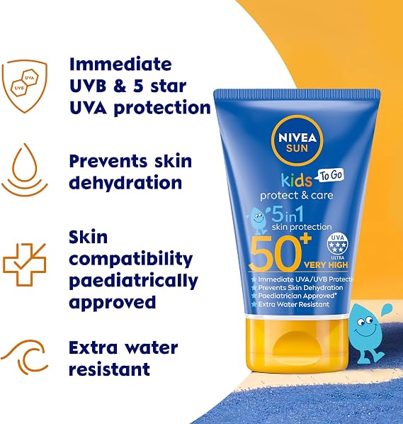 NIVEA Sun Kids Protect & Care To Go SPF 50+ Lotion (50ml), Moisturising Kids Sun Cream Immediately Protects Delicate Skin Against Sunburn and Long-Term UV Damage, Fast-Absorbing No White Cast Formula