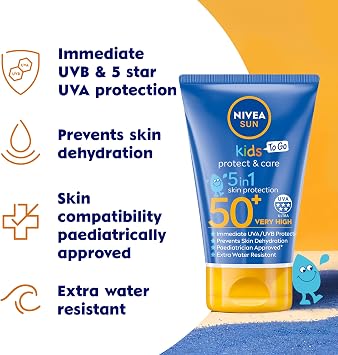 NIVEA Sun Kids Protect & Care To Go SPF 50+ Lotion (50ml), Moisturising Kids Sun Cream Immediately Protects Delicate Skin Against Sunburn and Long-Term UV Damage, Fast-Absorbing No White Cast Formula