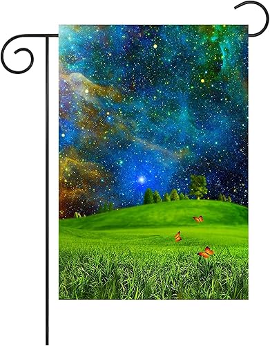 Miniatura 24 de Paisaje de fantasía con piedras, lámparas, flores, árboles, luna y mariposas, bandera de jardín de 12 x 18 pulgadas, pequeña vertical de doble cara