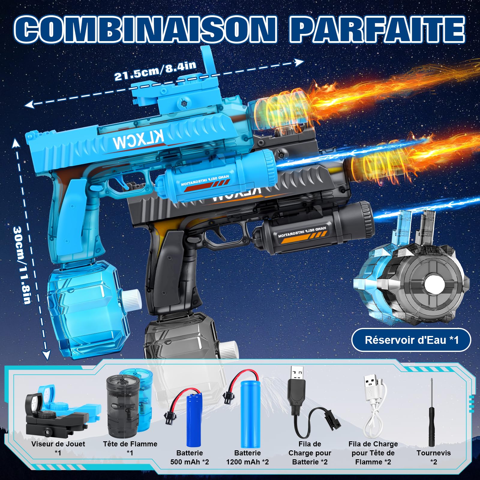 IEEILULU Pistolet à Eau Electrique, Electric Water Gun avec Lumière, Pistolet a Eau Electrique Puissant 750 ML, Idéal pour Les Jeux de Tir au Pistolet à Eau en Plein Air Shouzimudax (Bleu-Noir)