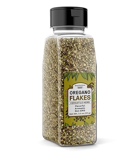 Unpretentious Copos de orégano, 3.5 onzas, rico sabor, hierba versátil, recipiente conveniente