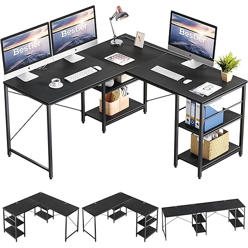 Bestier L Shaped Desk with Shelves 95.2 Inch Reversible Corner Computer Desk or 2 Person Long Table for Home Office Large Gaming Writing Storage Workstation P2 Board with 3 Cable Holes, Black