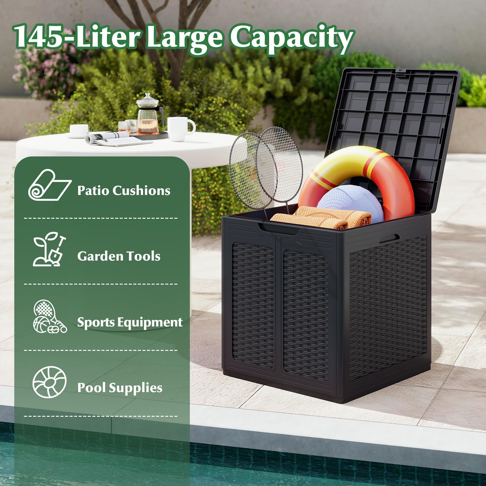 GIANTEX Baule da Giardino 145 L, Baule da Esterno con Coperchio con Coperchio Bloccabile, Contenitore per Cuscini in Plastica, Multibox Impermeabile Esterni, 56X56X61 cm