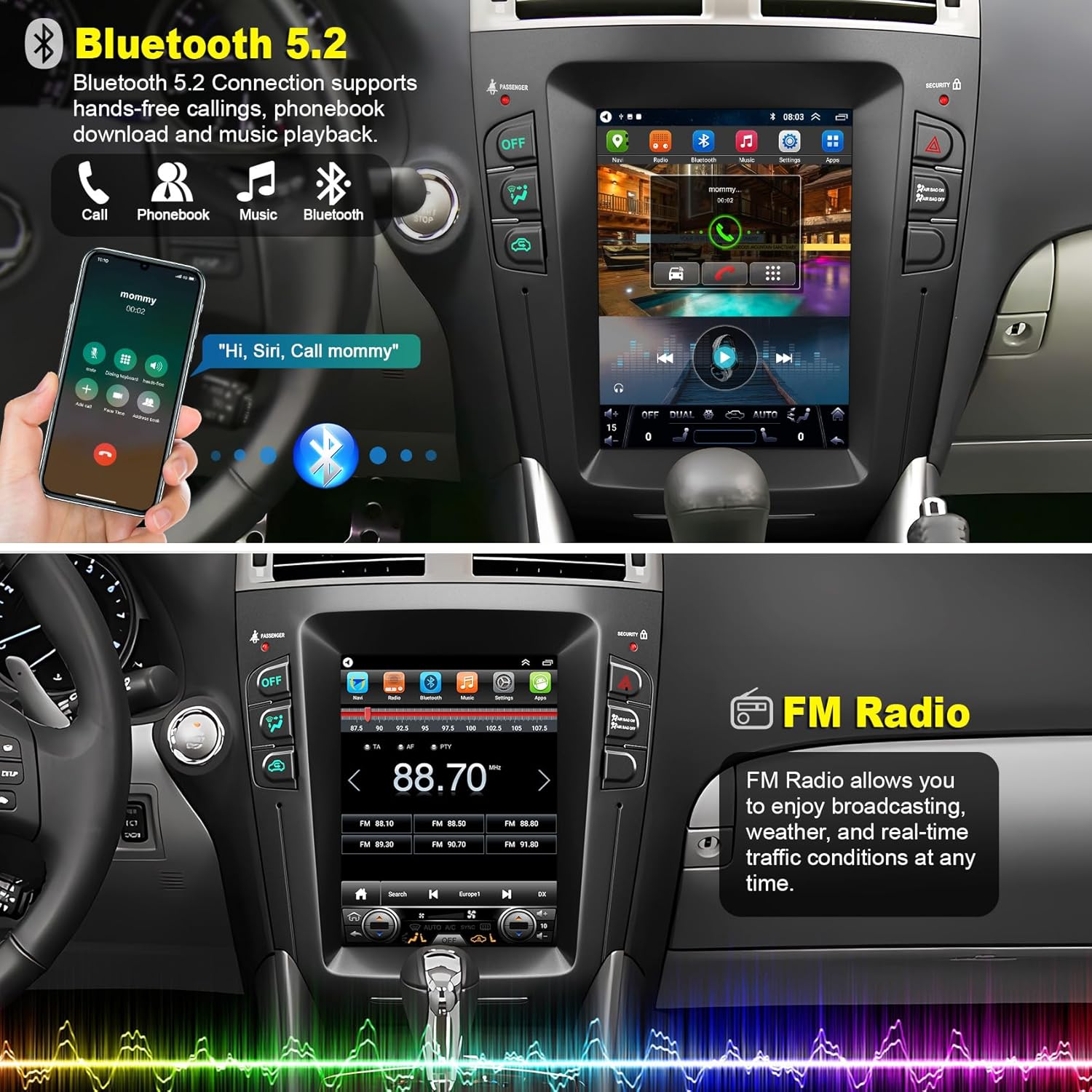 Car radio screen showing Bluetooth call and music playback interfaces, along with FM radio tuning.