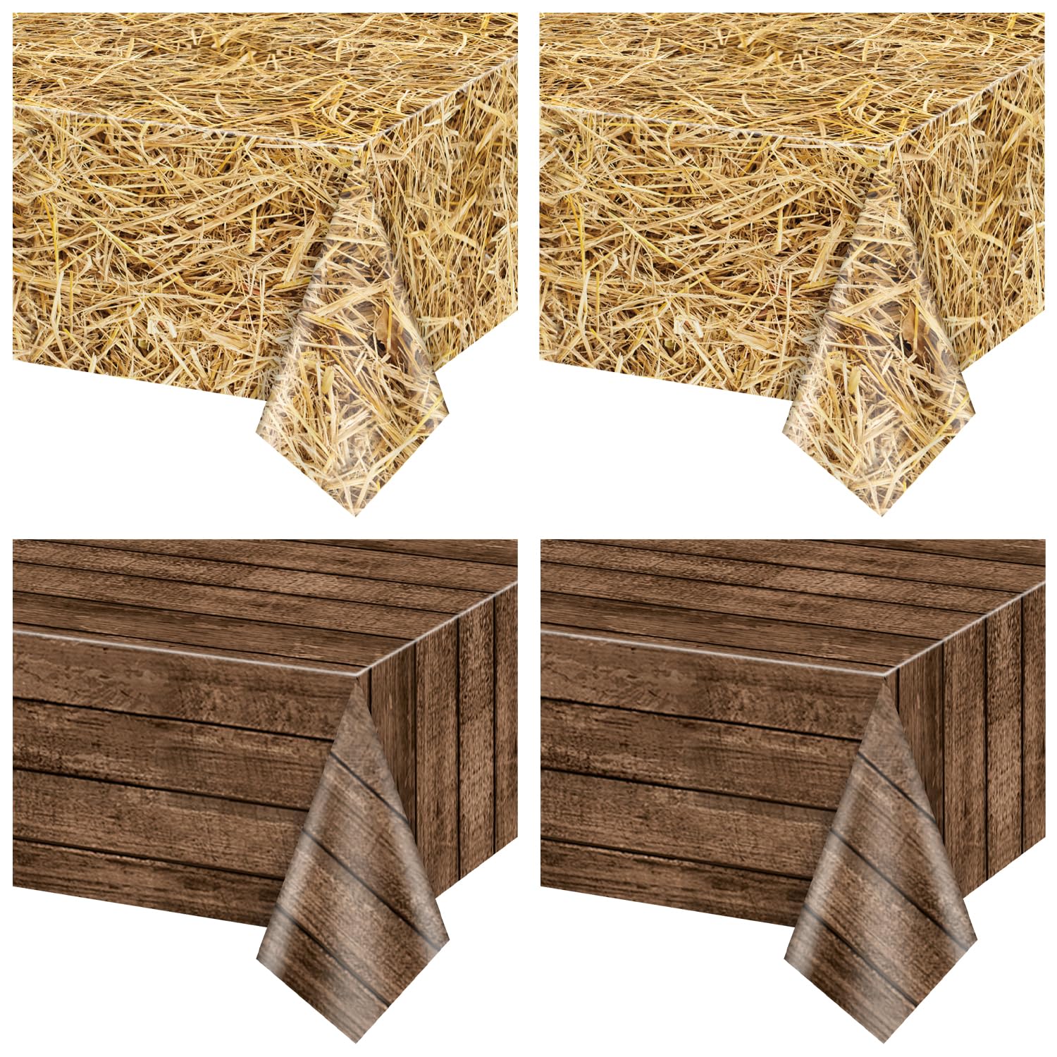 PTECDROTS 2Pcs Straw Tablecloths and 2Pcs Wood Tablecloths Rectangular Straw Wood Grain Table Decorations for Farm Party Cowboy Western Theme Party Supplies