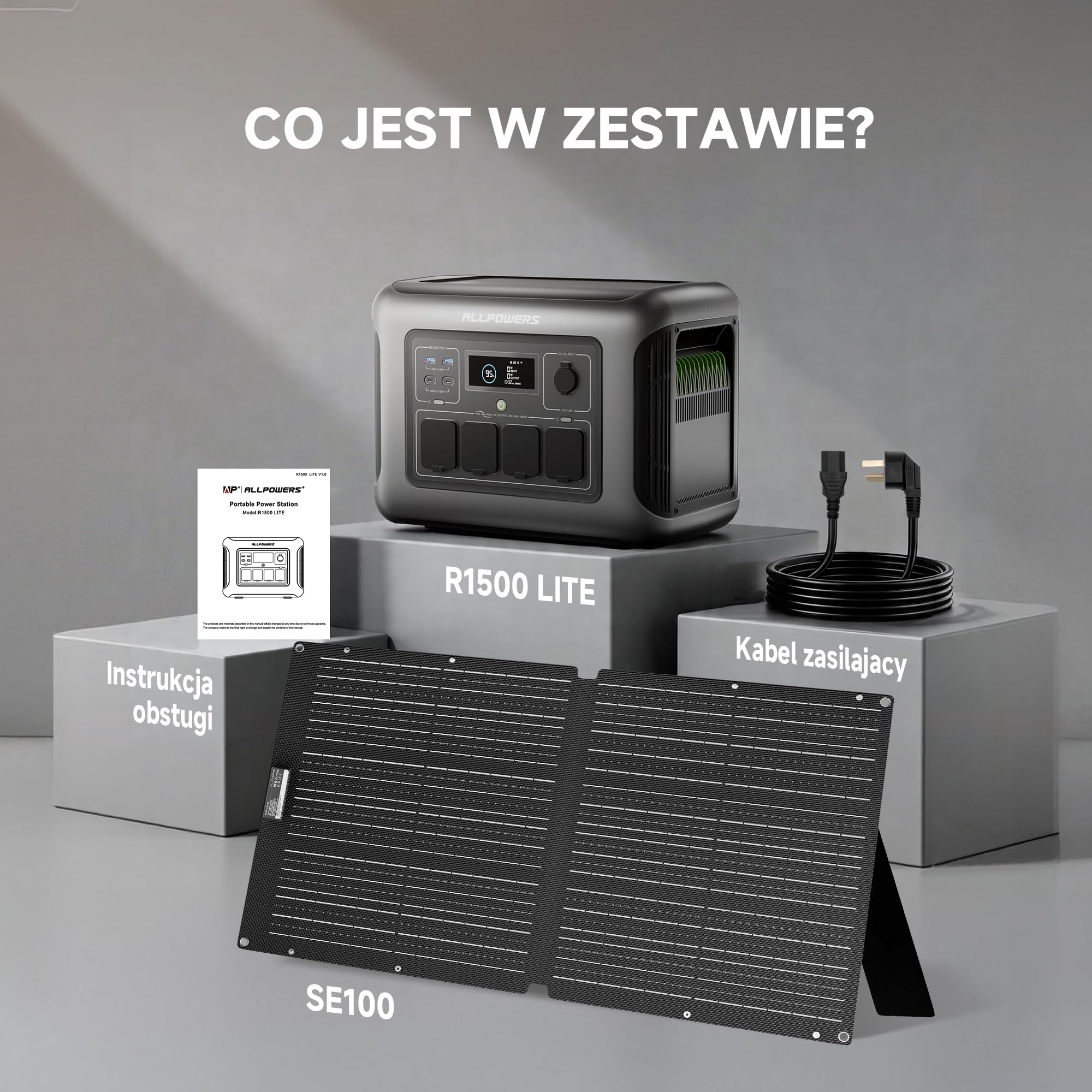 ALLPOWERS Przenośna stacja zasilania R1500 LITE, akumulator LiFePO4 (LFP) o pojemności 1056Wh, generator słoneczny (panele słoneczne opcjonalne) (R1500 LITE+SE100)