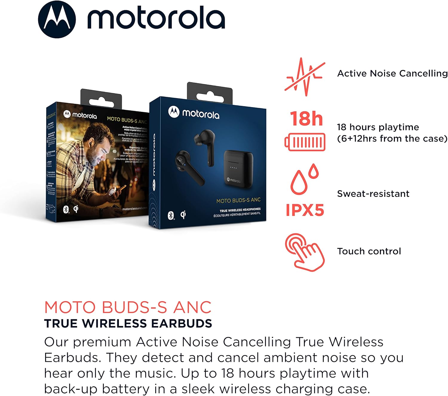 Motorola Moto Buds-S ANC - True Wireless Bluetooth Earbuds with Microphone and Active Noise Cancellation, IPX5 Water Resistant, Touch Control, Comfort Fit, Includes Micro Charging Case, Black