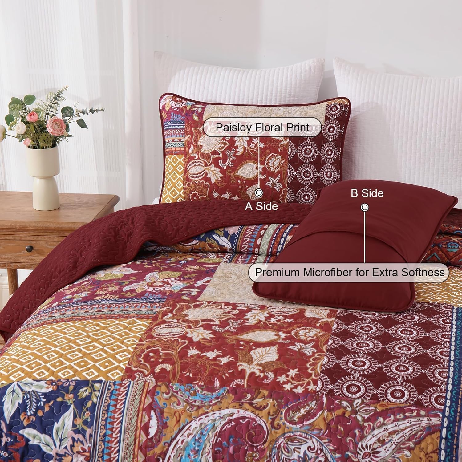 DJY Patchwork Quilt Set Queen Size Red Bohemian Floral Paisley Quilt Bedding Set, 3 Pieces Boho Burgundy Vintage Bedspread Microfiber Reversible Bedding Coverlet for All Season 96''x90''