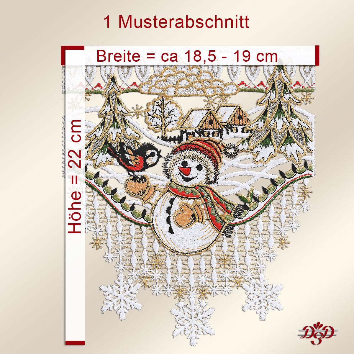 Weihnachts-Feenhausgardine Winterfreunde | Spitzenstickerei Kleiner Schneemann mit Vögelchen | Scheibenhänger mit Winterhäuschen, Tannenbäumen, gestickten Schneeflocken aus Plauener Spitze 22 cm hoch