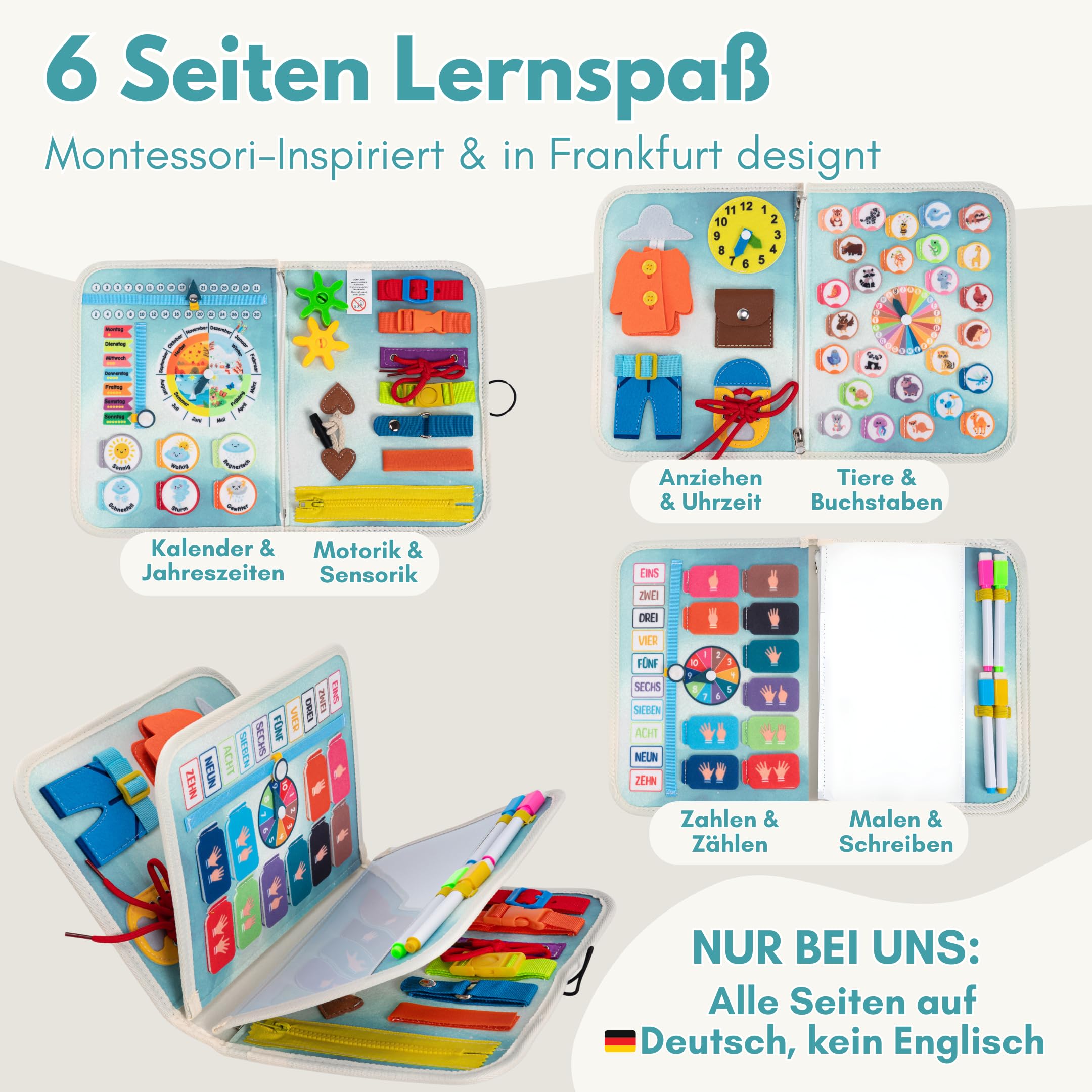Lion’s Collection Montessori Busy Board Deutsch ab 3 Jahre – Busy Book & Activity Board für Kinder – Motorikbuch & Lernbuch – Reisespielzeug für Auto, Zug & Flugzeug