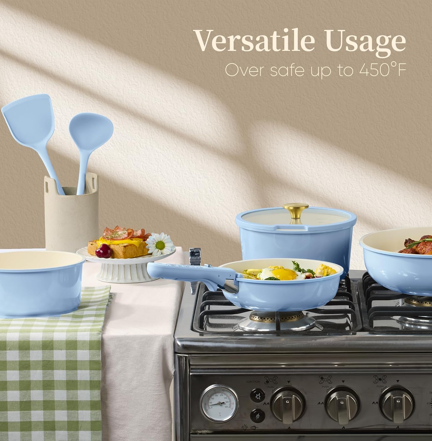 CAROTE 15Pcs Ceramic Cookware Set, Pots and Pans Set Non Stick, Kitchen Cooking Set with Detachable Handle, Non Toxic Induction Cookware, Dishwasher/Oven Safe - Image 7