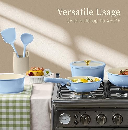 Miniatura 7 de CAROTE Juego de utensilios de cocina de cerámica de 15 piezas, juego de ollas y sartenes antiadherentes, juego de cocina de cocina con mango