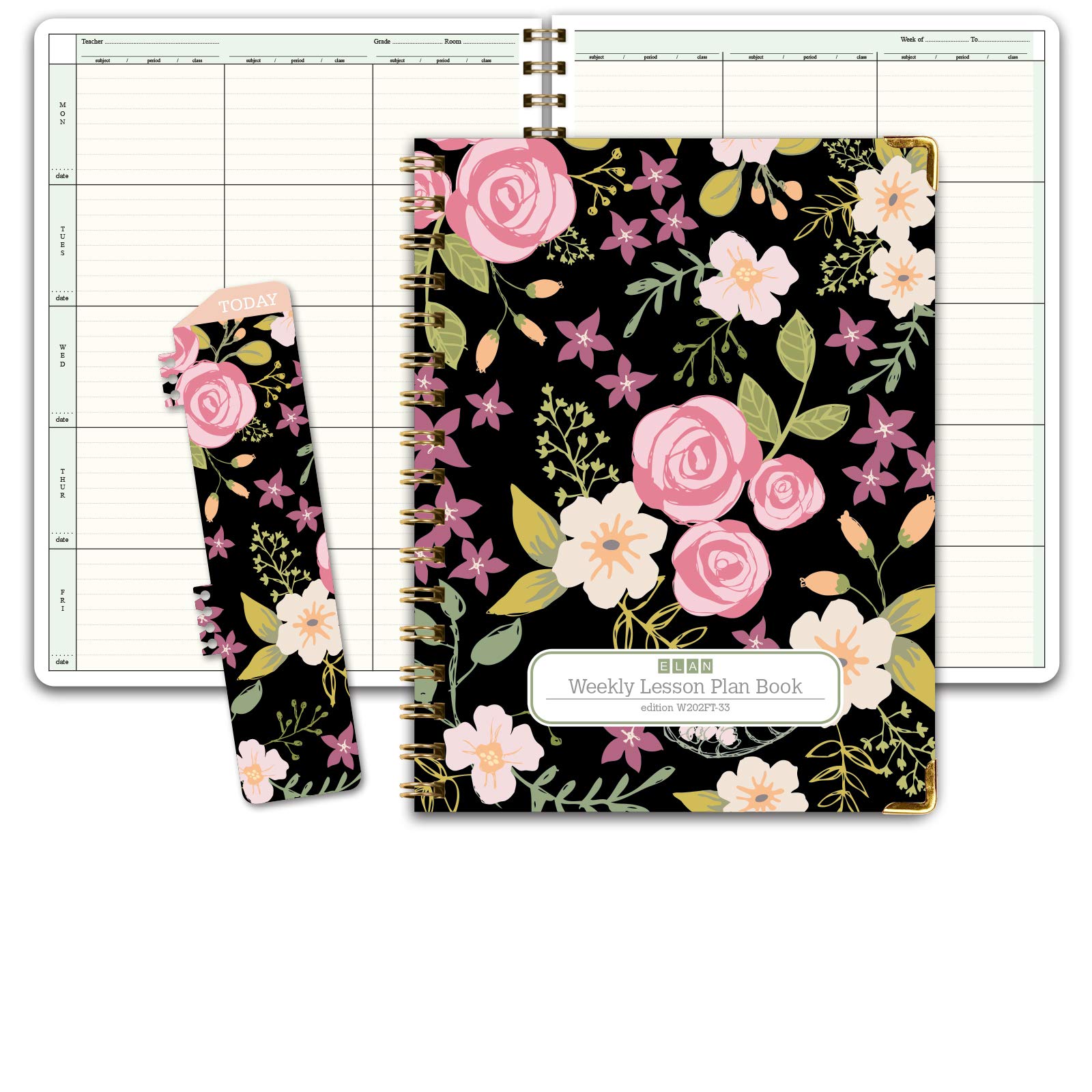 Elan Publishing CompanyHARDCOVER 6 Period Teacher Lesson Plan; Days Vertically Down The Side (W202 - Black Floral)
