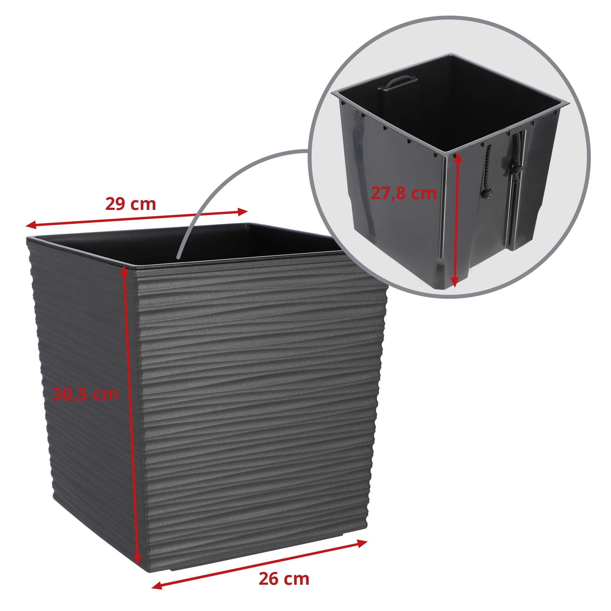 Maceta KADAX de plástico, maceta de jardín resistente a la intemperie para balcón, terraza, interior, maceta ligera con inserto, macetero para plantas y flores (Gris, Altura: 30 cm)