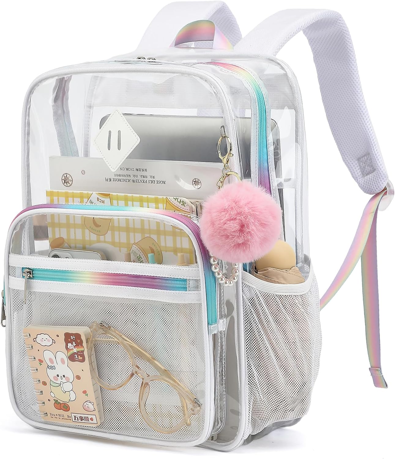 White Clear Backpack for School, Heavy Duty PVC Transparent Bookbag See Through Backpack for Girls Women College Work Travel