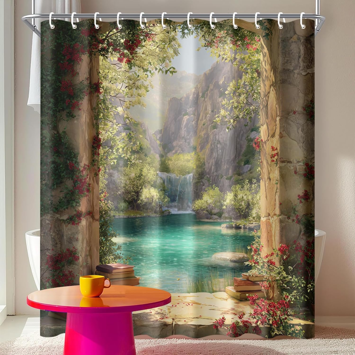 Waterfall Window View Shower Curtain 72x72 Inch Mountain Lake Scene Fabric for Rustic Country Bathroom Decor Nature Landscape Style