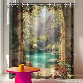 Waterfall Window View Shower Curtain 72x72 Inch Mountain Lake Scene Fabric for Rustic Country Bathroom Decor Nature Landscape Style