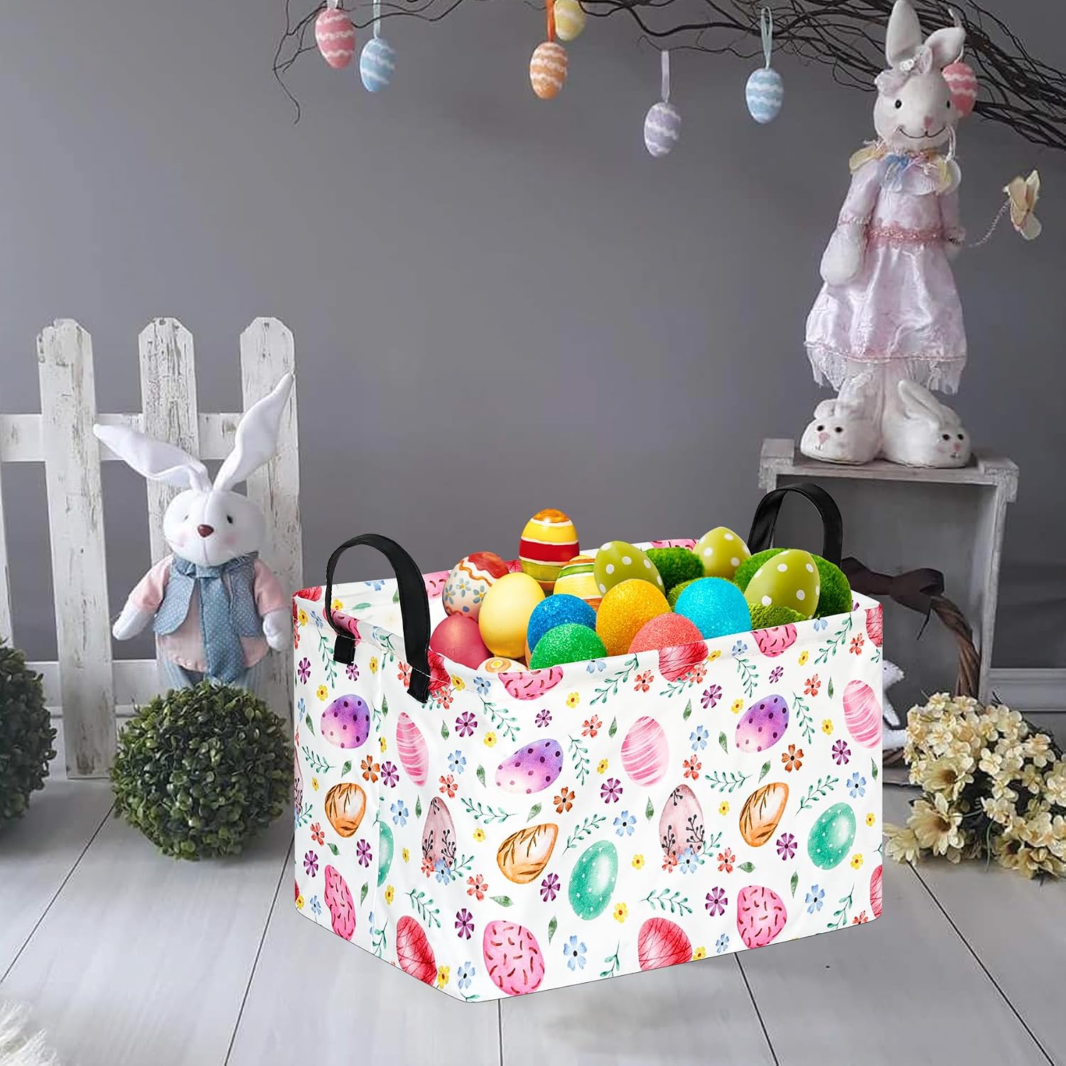 Rectangular Easter Basket Storage Bin for Shelves Cute Gifts Baskets Foldable Box with Handles for Boy and Girl Home Office Car Dormroom Easter Party Supplies image 4