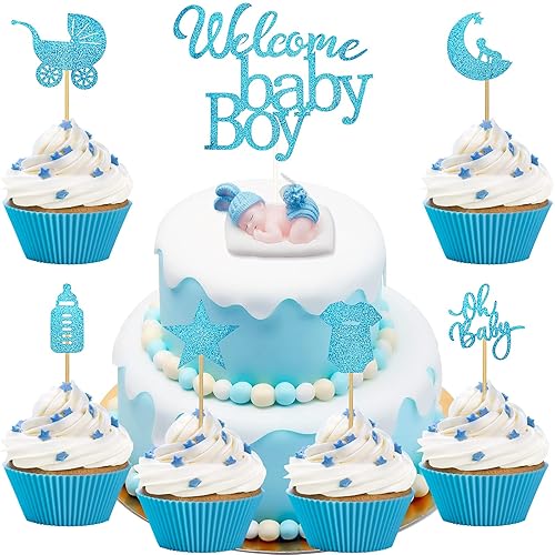 Gersoniel 36 adornos para cupcakes con purpurina para baby shower en 6 estilos, 1 adorno de bienvenida para pastel de bebé, 1 vela para dormir,