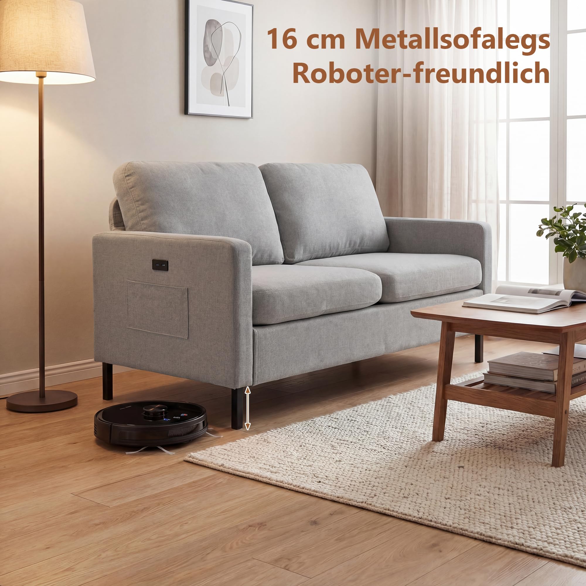 GRAVFORCE Sofa 2 Sitzer mit 2 Ladeports 143 x 63 x 86 cm Klein Sofa kleines Cloud Couch mit Armlehne und Seitentasche Modernes Stoffsofa für Wohnung Wohnzimmer Büro Einfache Montage Hellgrau