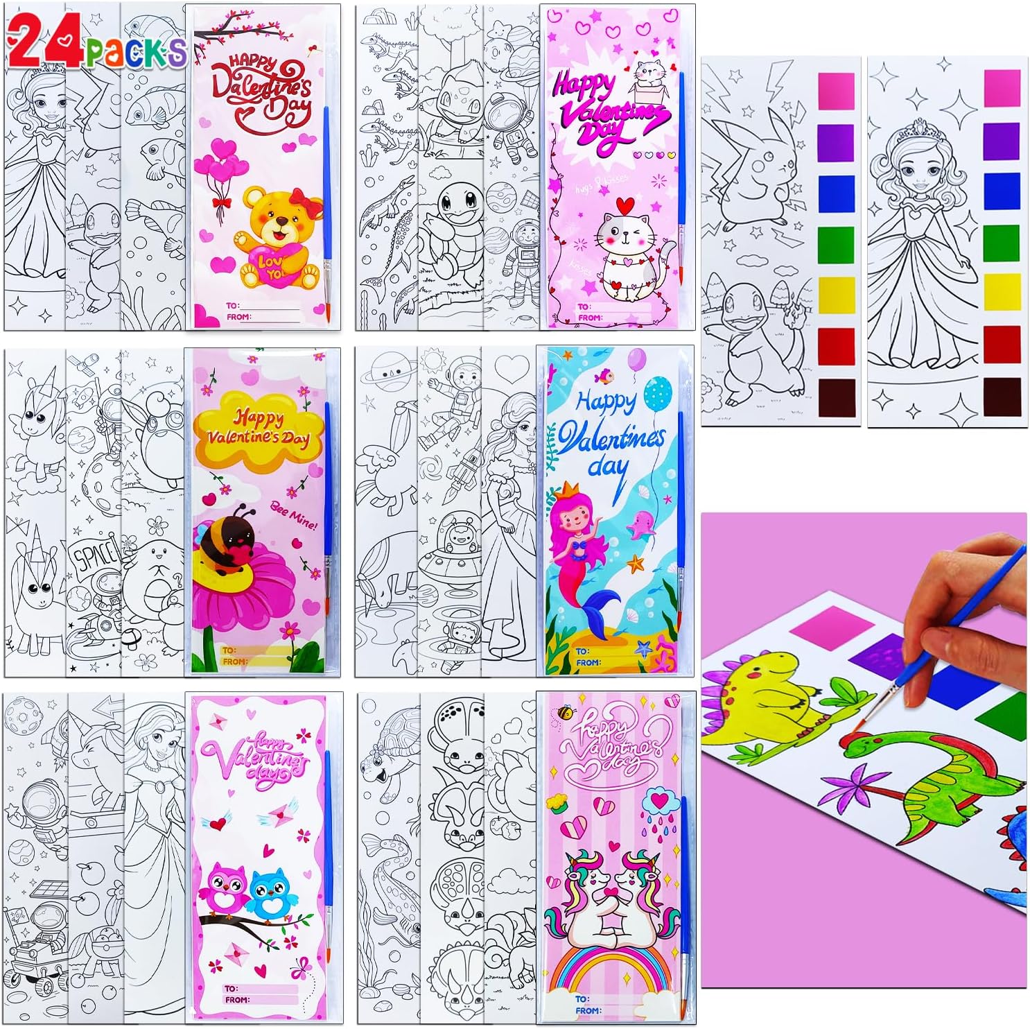 JUNQIU 24 Pack Valentines Day Cards For Kids School, Watercolor Coloring Book Set, Valentines Day Gifts For Kids Classroom Exchange, Paint Party Favors Valentines Crafts