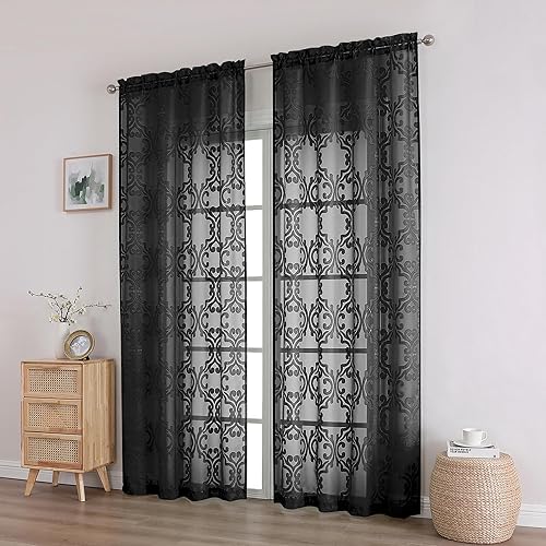 Miniatura 8 de Suri - Cortinas traslúcidas negras texturizadas de 84 pulgadas de largo, juego de 2 paneles para sala de estar, semi gasa floral, equilibrio de