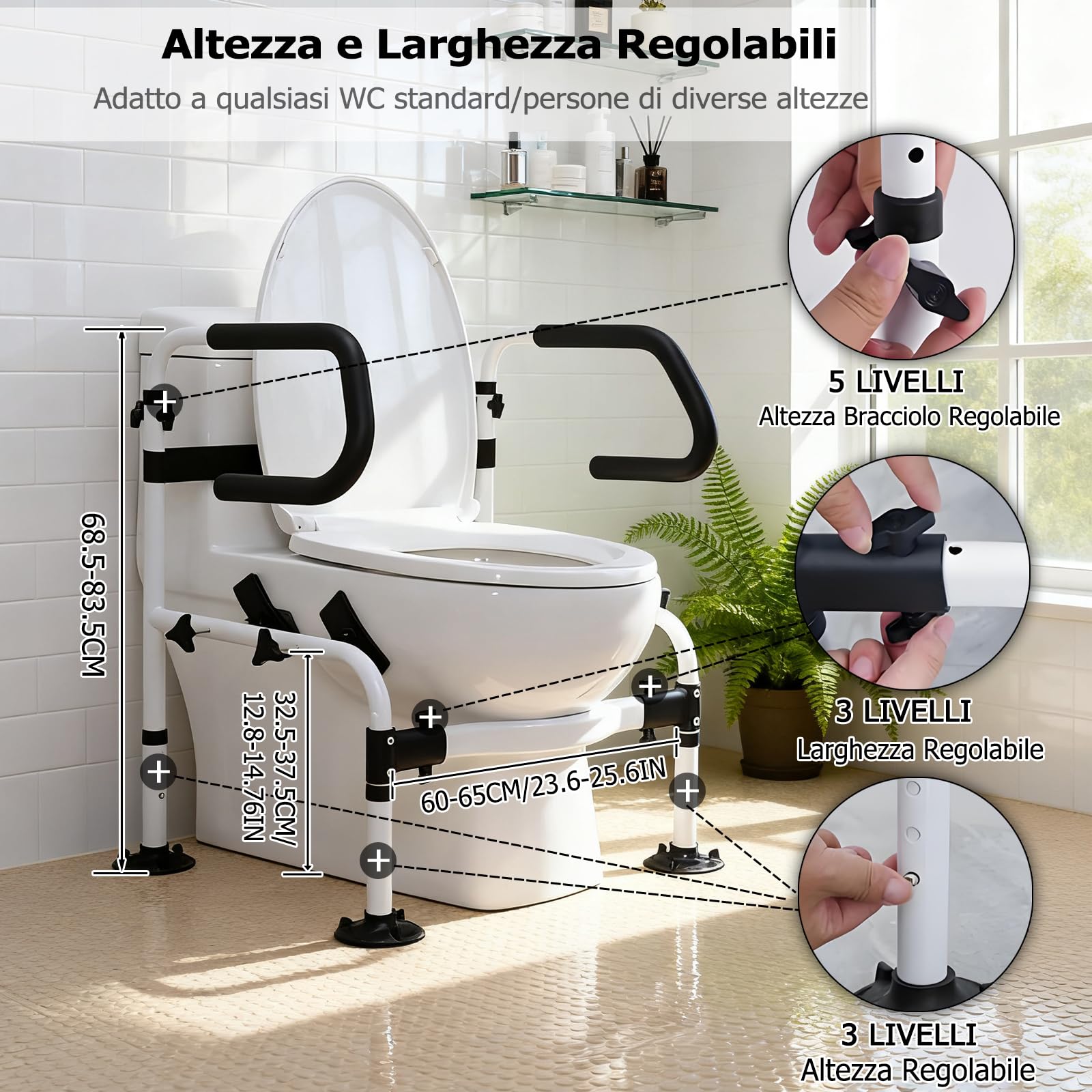 NJUN Supporti di Sicurezza per WC, Larghezza e Altezza Regolabili Telaio di Sicurezza per WC con Corrimano Antiscivolo a Doppio Strato e Grande Ventosa, Supporto WC per Anziani Incinte Disabili