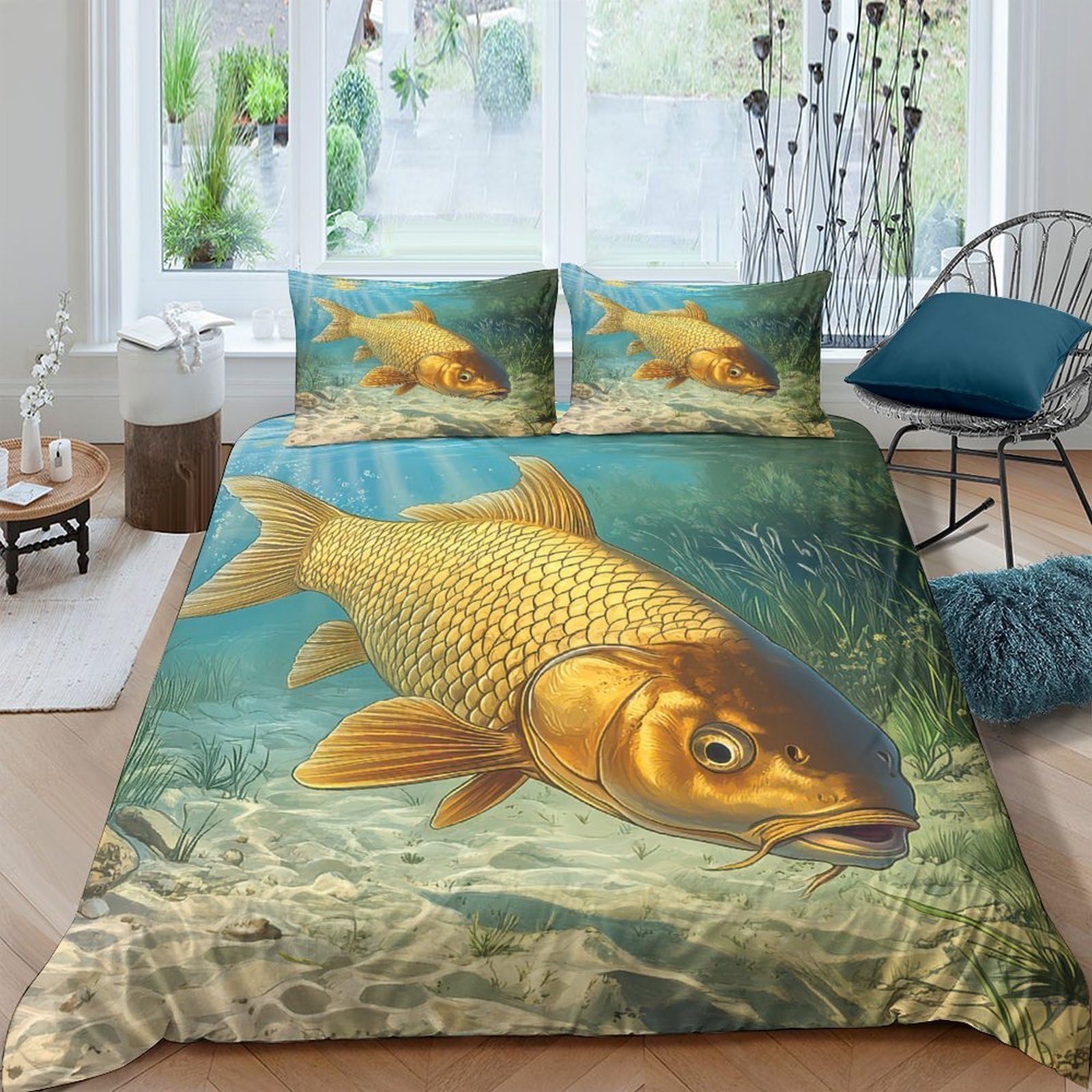 Ctjqhvkz Style-3 3D Printed Golden Carp Fitted Sheet Microfiber Soft Breathable Underwater Scene Mattress Cover For Bedroom Dorm Decor Single（135X200cm）