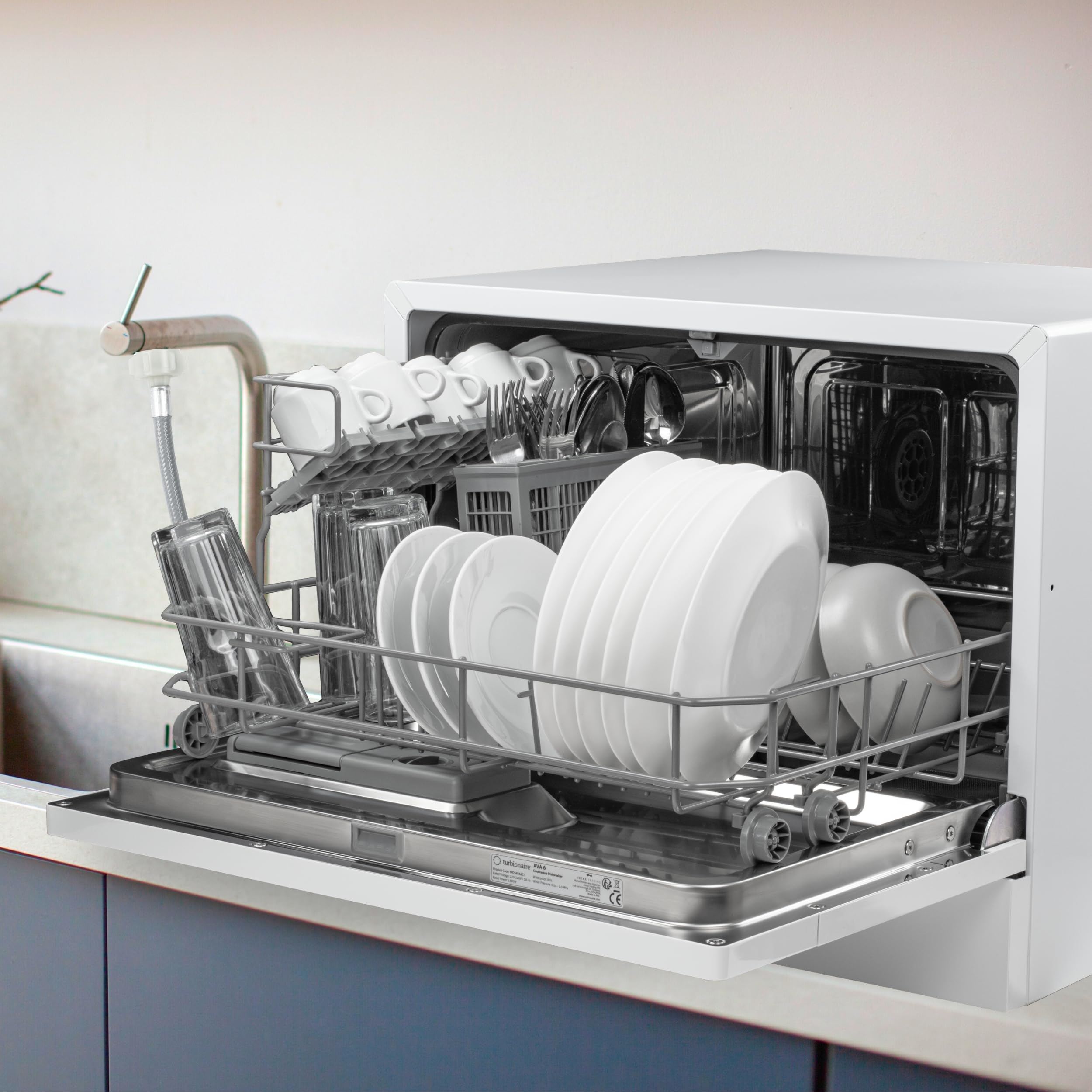 Lave-vaisselle compact Turbionaire AVA 6 TPDSAVA6CT, 6 couverts, 6 programmes, mode Éco, adoucisseur d’eau, lavage 360°, fonction Restart, 55 cm, Blanc