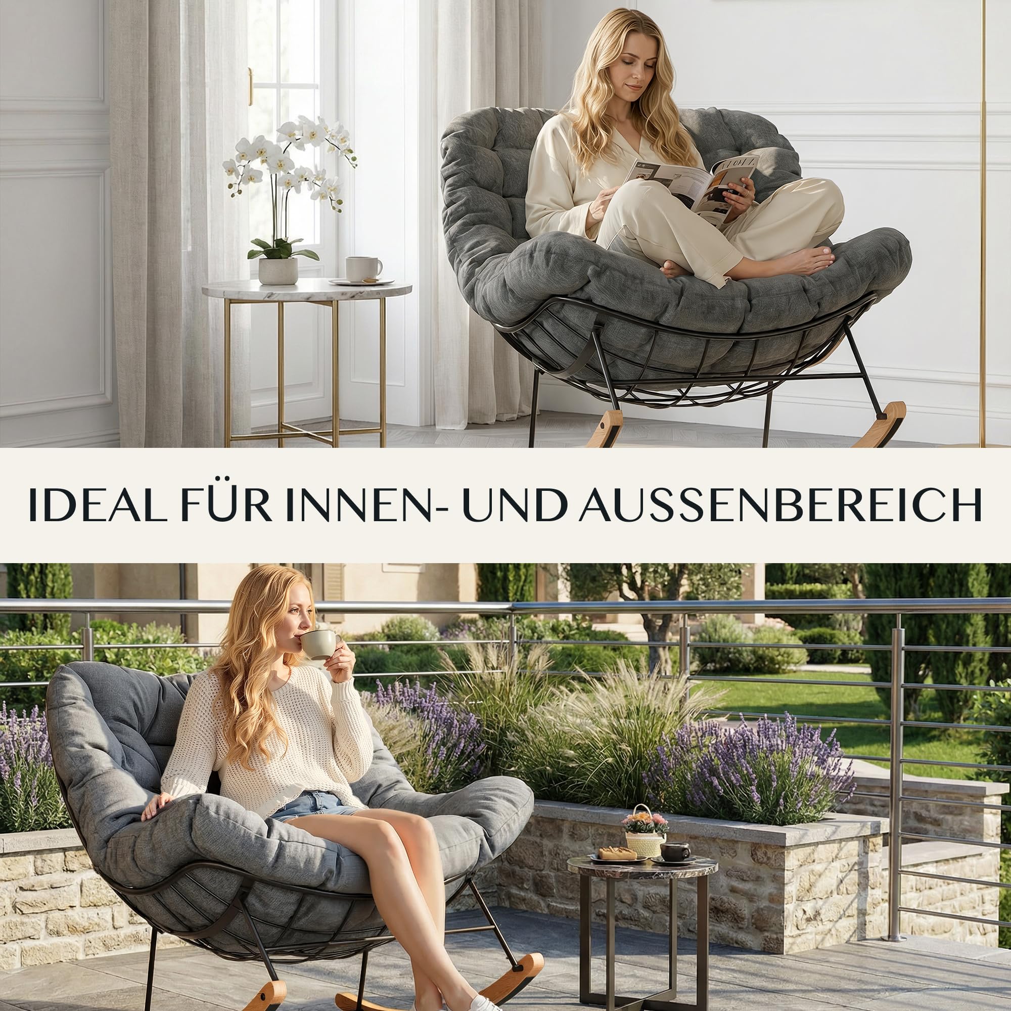 FLEXISPOT Schaukelstuhl Garten, Schwingsessel mit Kopfkissen, wasserfester Bezug, gepolsterter Relaxstuhl bis 159 kg, für Wohnzimmer, Schlafzimmer, Balkon, Grau
